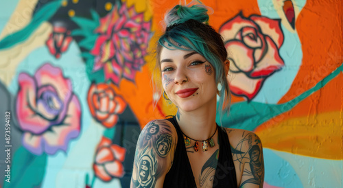 Beautiful woman with blue hair and colorful tattoos, standing in front of a vibrant mural, smiling at the camera