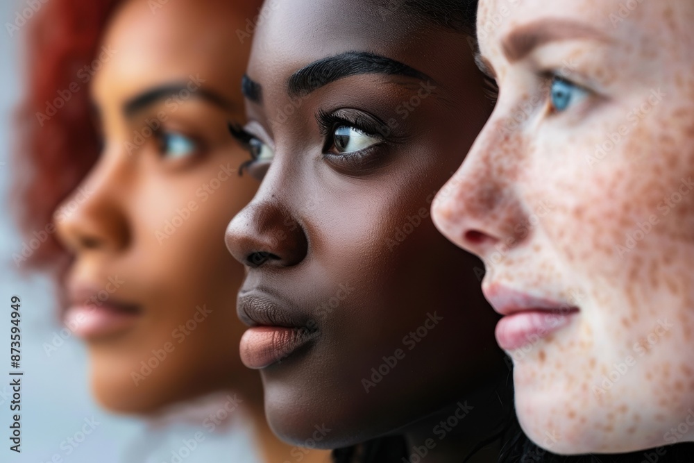 Diverse women of different ethnicities with side profile in focus Diverse women of different ethnicities with side profile in focus