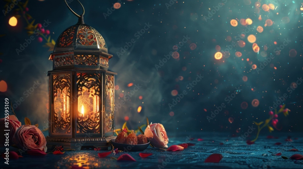 Arabic lantern illuminated on dark table with rose petals for travel and beauty inspiration Arabic lantern illuminated on dark table with rose petals for travel and beauty inspiration
