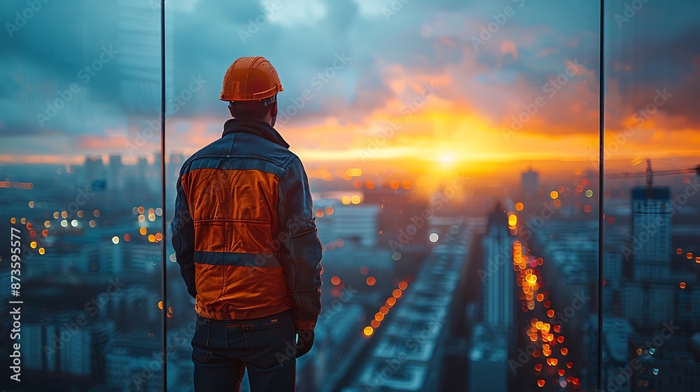 Portrait of a construction worker man with safety helmet letting see city buildings under construction on white background with copy space Portrait of a construction worker man with safety helmet letting see city buildings under construction on white background with copy space