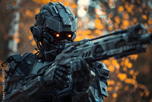 A robot holding a gun in a forest