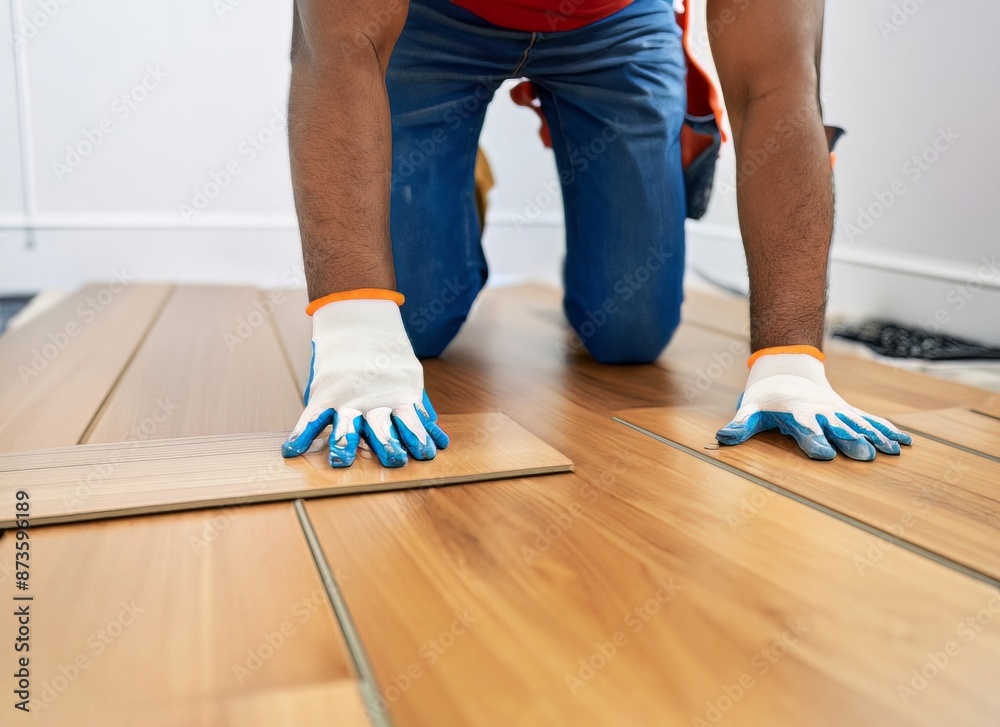 Professional builder man laying laminate flooring at home.Generater by AI . High quality image Professional builder man laying laminate flooring at home.Generater by AI . High quality image