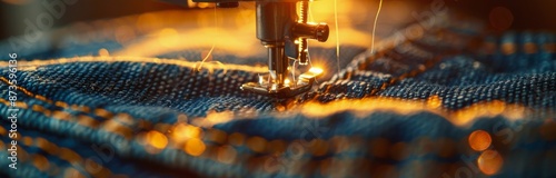 Sewing Machine Needle Stitching Denim Fabric Close Up