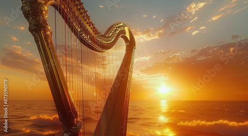 Golden Harp Silhouette Against Sunset Over Ocean