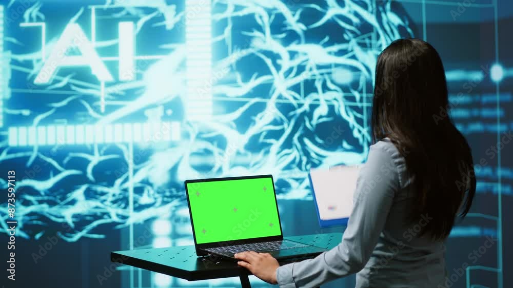 IT specialist using green screen laptop and AI technology for business data analysis in high tech setting. Engineer works on mockup notebook to automatize tasks using artificial intelligence, camera A IT specialist using green screen laptop and AI technology for business data analysis in high tech setting. Engineer works on mockup notebook to automatize tasks using artificial intelligence, camera A