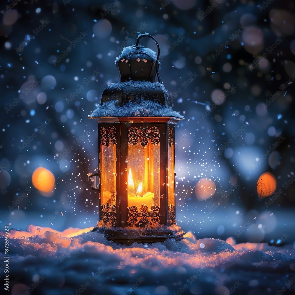 Candle flame in a lantern on a snowy night, soft light illuminating the snowflakes, detailed textures Candle flame in a lantern on a snowy night, soft light illuminating the snowflakes, detailed textures