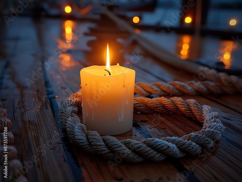 Candle flame in a nautical setting, soft light against a ship's deck, detailed ropes and wood photo