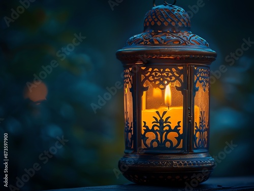 Candle flame in a vintage lantern, detailed metalwork, warm glow creating a nostalgic feel photo