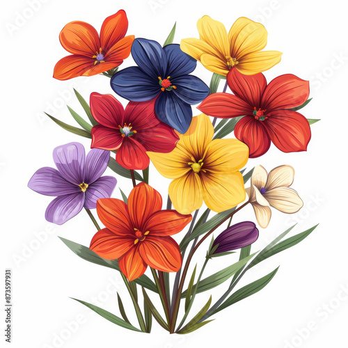 Vibrant illustration of multicolored flowers with green leaves on a white background, showcasing nature's beauty and diversity.