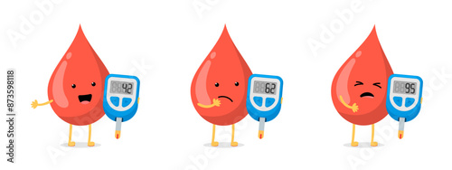 Cute cartoon blood drop character with glucometer set. Diabetic glucose measuring device. Normal, risk and high sugar level test control. Diabetes indication measurement collection vector eps isolated