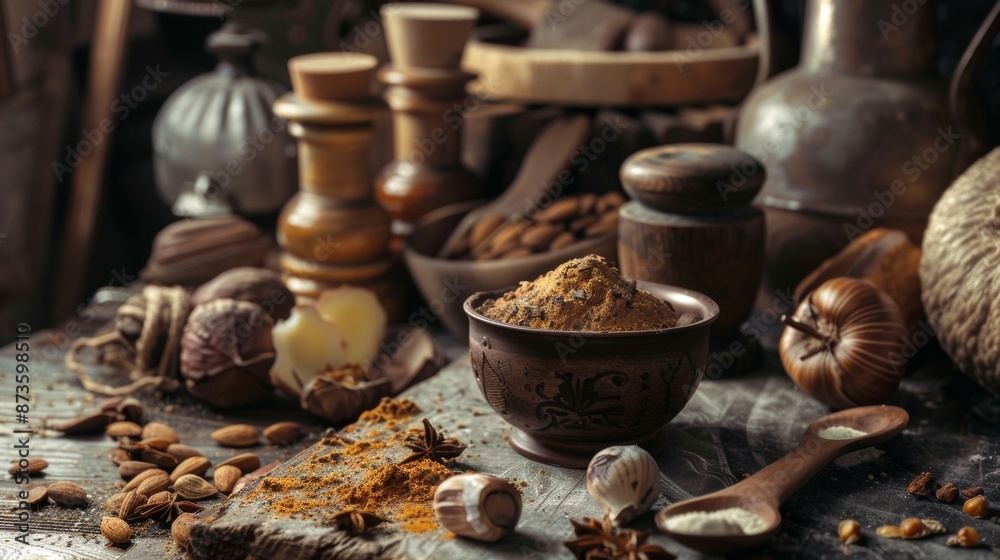 Rustic Kitchen Setup with Spices and Nuts Rustic Kitchen Setup with Spices and Nuts