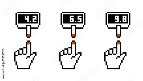 Glucometer pixel icon for glycemic measurement set. Diabetic glucose measuring device symbol. Blood sugar normal, risk and high level test control sign. Diabetes indicator monitoring collection. Eps