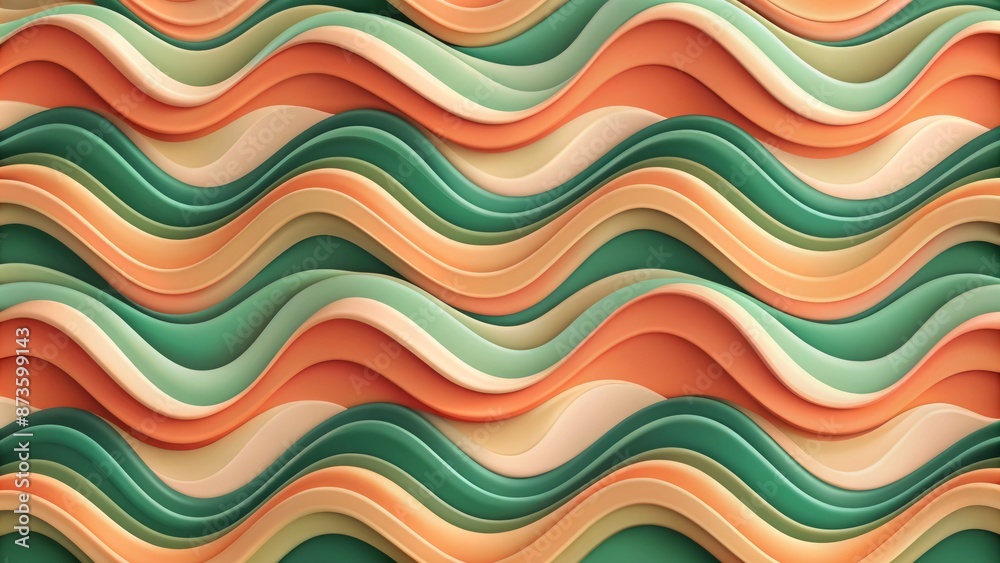 Wavy, curvaceous shapes in peach and green hues form a mesmerizing abstract background evoking a nostalgic, retro aesthetic atmosphere. Wavy, curvaceous shapes in peach and green hues form a mesmerizing abstract background evoking a nostalgic, retro aesthetic atmosphere.