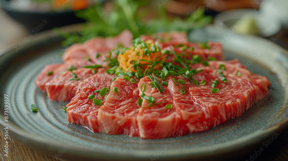 A plate of raw Wagyu beef,bright and cheerful, volumetrics, light colors, depth of field. A plate of raw Wagyu beef,bright and cheerful, volumetrics, light colors, depth of field.