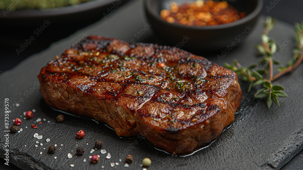 mid-well rib eye smoked steak with branch of dry thyme on a stone black plate. mid-well rib eye smoked steak with branch of dry thyme on a stone black plate.