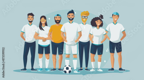 Illustrated group of diverse soccer team members standing together in uniform, showcasing teamwork and inclusivity.