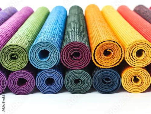 Yoga mat, textured surface, rolled and unrolled, various colors, isolated on white background photo