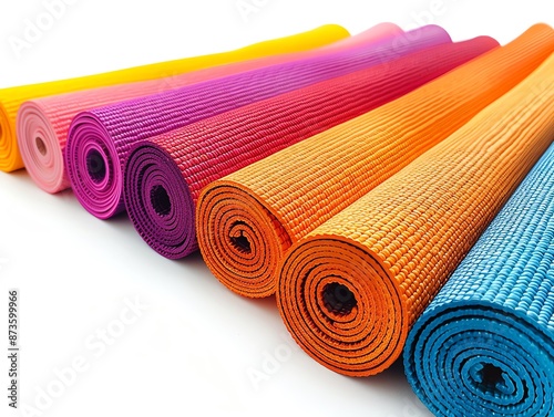 Yoga mat, textured surface, rolled and unrolled, various colors, isolated on white background photo