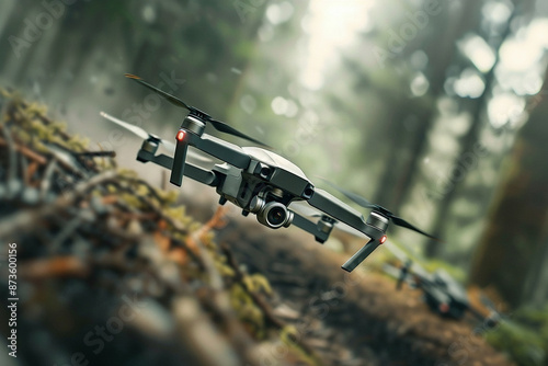 Closeup shot of a drone flying low in a forest - Generative AI