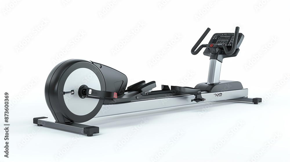 Compact rowing machine with digital display, black and silver, isolated on white background Compact rowing machine with digital display, black and silver, isolated on white background