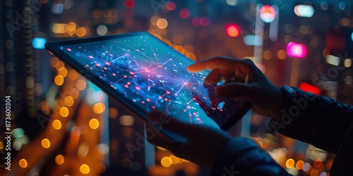 Person Using Tablet With Digital World Map Displayed Against City Lights at N...