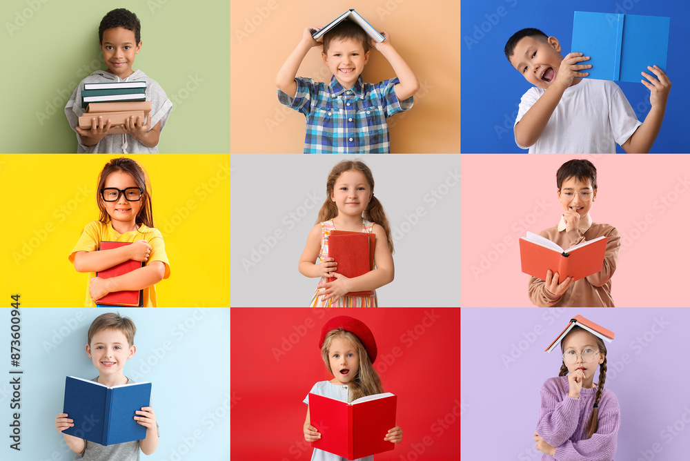 Collage of many children with books on color background Collage of many children with books on color background