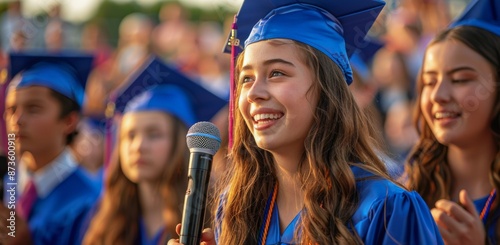 Smiling Graduate With Blue Cap and Gown at Graduation Ceremony