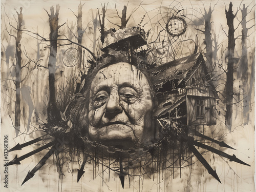 Surreal Black and White Portrait with Forest and Dilapidated House
