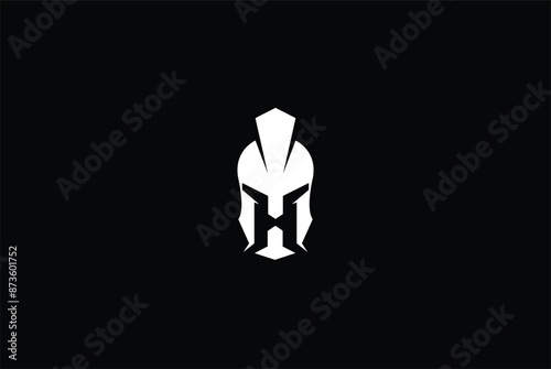 silhouette of a person, initial letter H helmet safety and warrior ninja mask modern abstract vector, war logo, spartan warrior helmet creative logo vector isolated on black background Spartan icon 