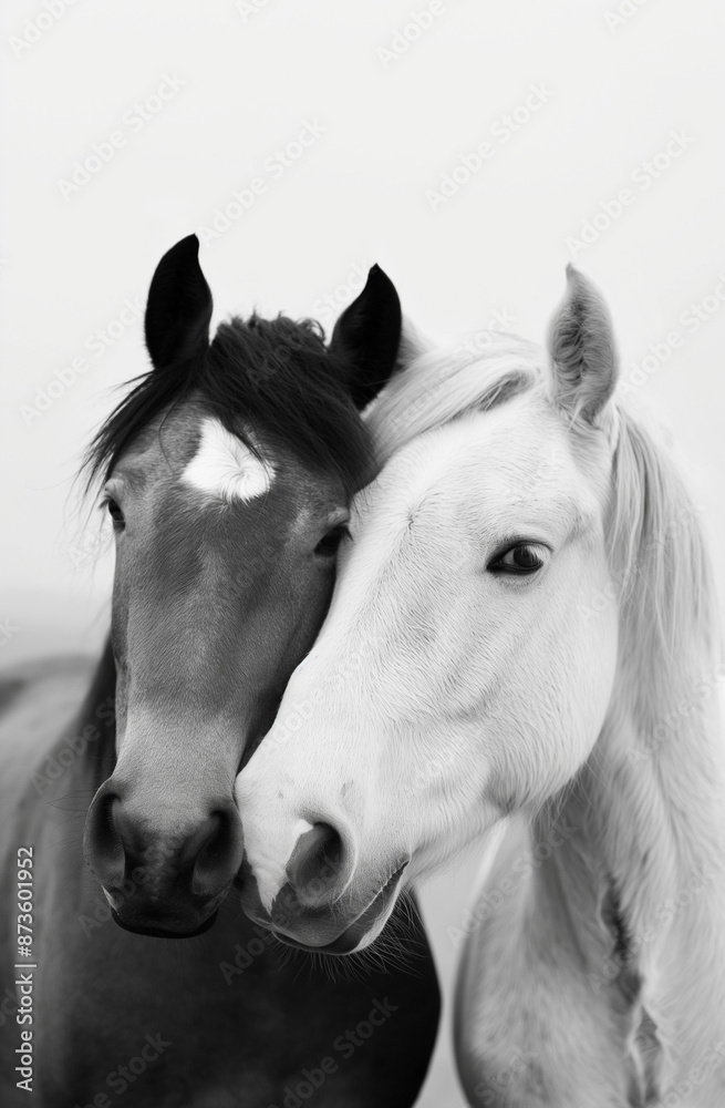 Fototapeta premium Close-Up Portrait of Two Horses, One Black and One White 