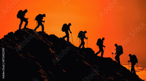 Silhouetted hikers ascend a steep mountain trail against a vibrant orange sunset sky, symbolizing challenge and perseverance. © khonkangrua