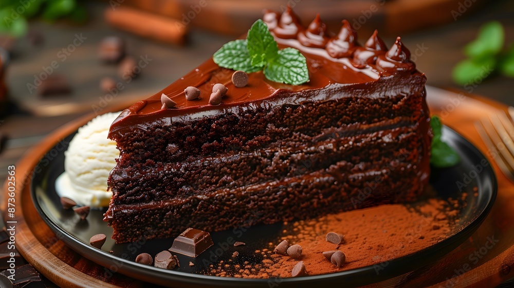Delicious Chocolate Cake with Ice Cream and Mint Delicious Chocolate Cake with Ice Cream and Mint