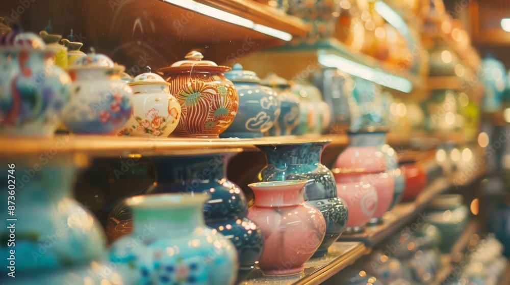 Obraz premium Assorted ceramic vases on display in a store