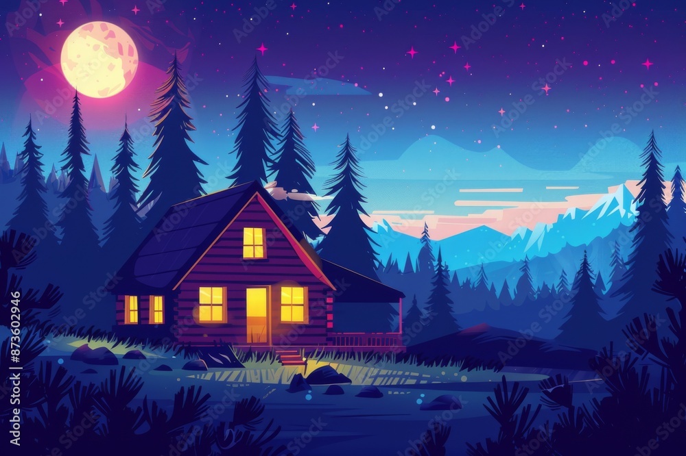Cozy cabin illuminated under a full moon in a serene forested mountain landscape, with a starry night sky and lush trees surrounding the scene.