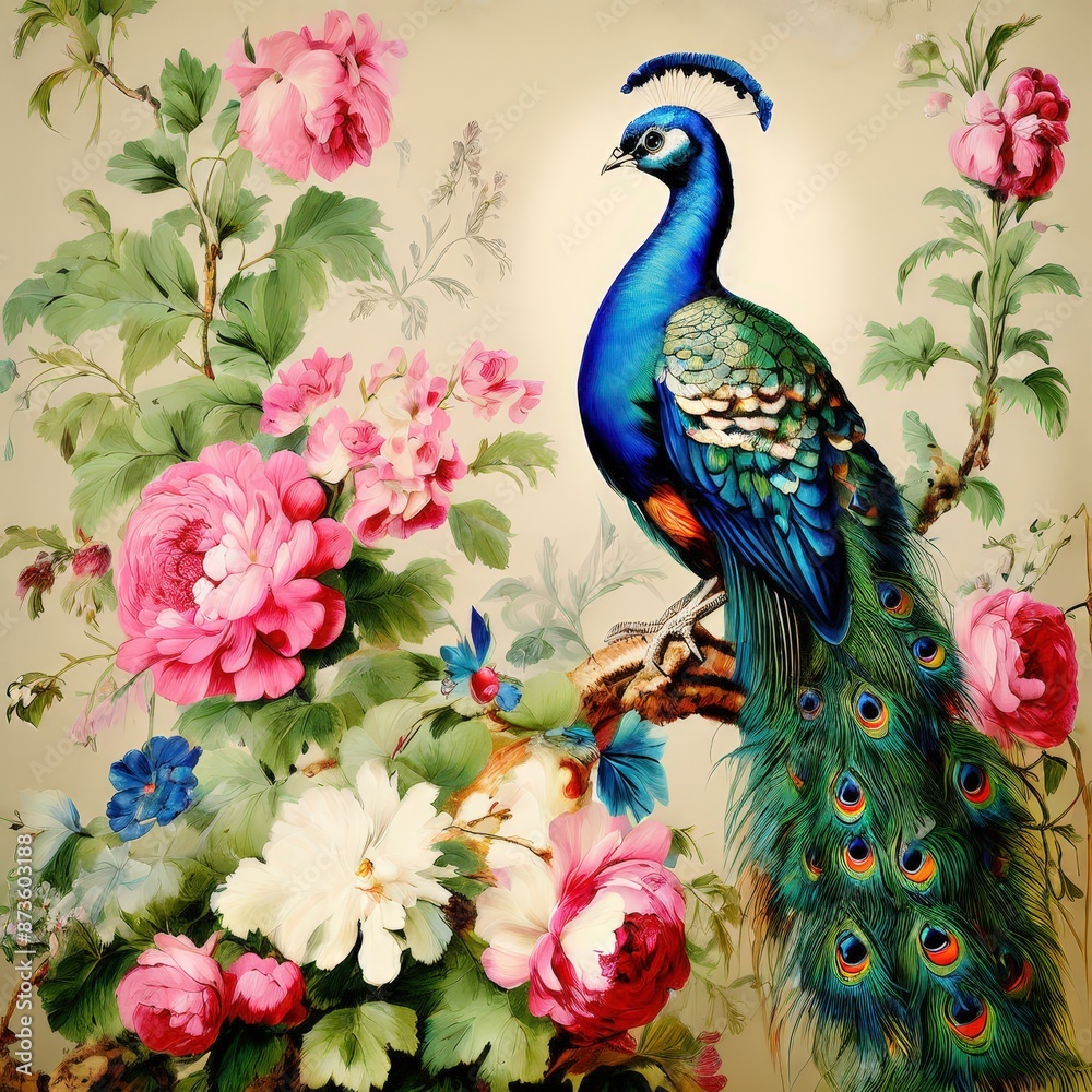 Fototapeta premium an ai generated image, peacock portrait on background of flowers vintage