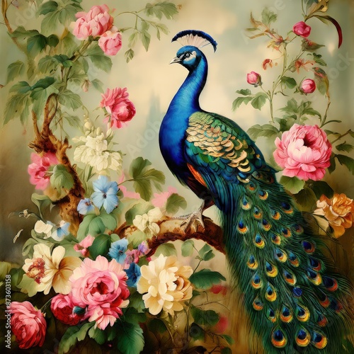 an ai generated image, peacock portrait on background of flowers vintage
