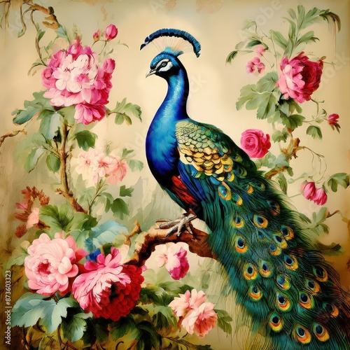 an ai generated image, peacock portrait on background of flowers vintage