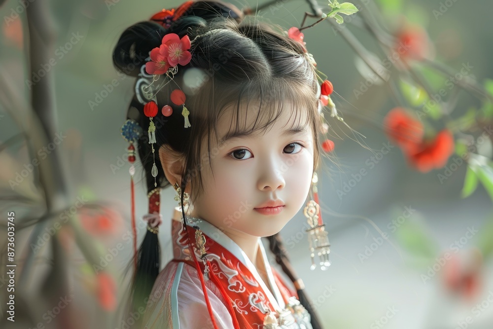 Portrait of a young girl adorned in beautiful hanfu dress with classic hair ornaments