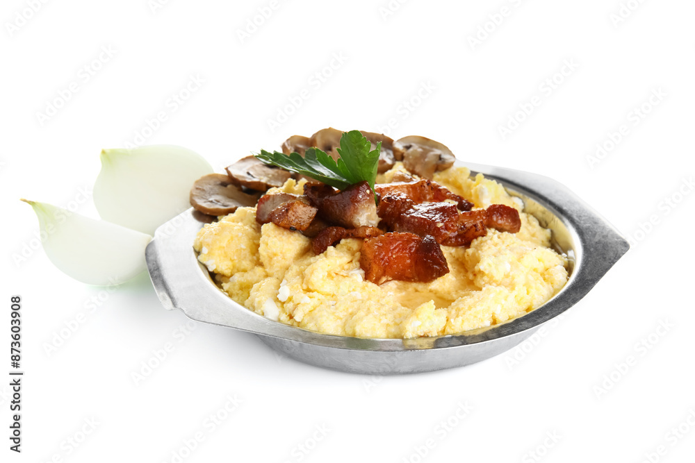 Bowl of tasty banosh and onion on white background Bowl of tasty banosh and onion on white background