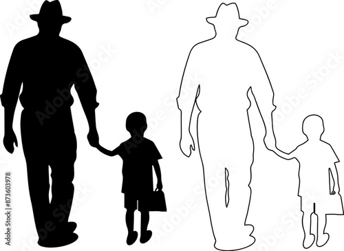 Father and Son Silhouette Outline Walking Together