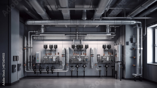 The room in the building is filled with metal pipes on the wall, showcasing engineering and fixture work. The transparency of the glass allows visibility through the gas pipes