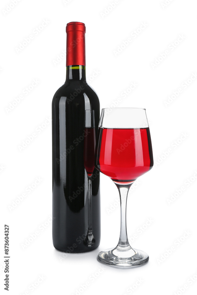Glass and bottle of exquisite wine on white background Glass and bottle of exquisite wine on white background