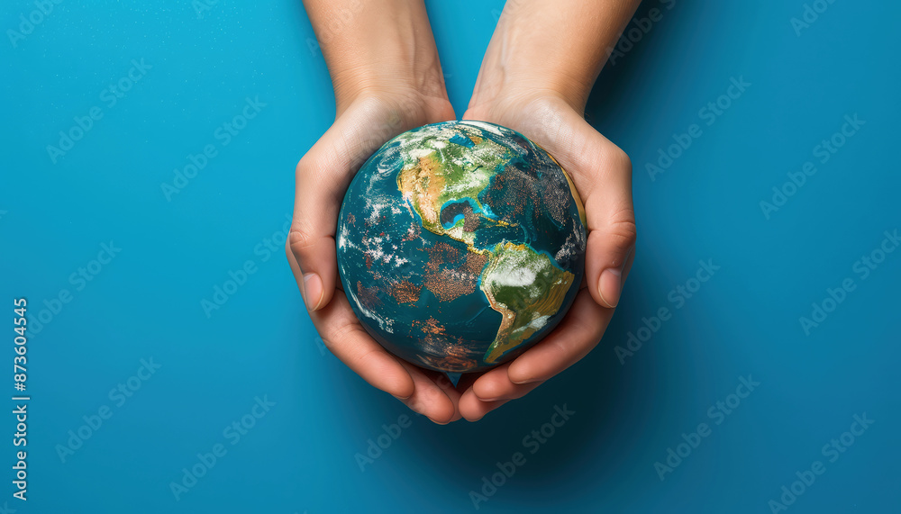 Two hands cradle a miniature Earth against a vivid blue background Two hands cradle a miniature Earth against a vivid blue background