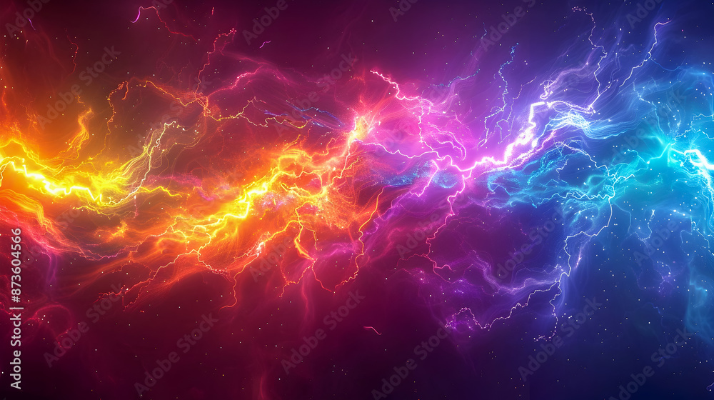 Vibrant abstract background featuring a sky ablaze with dramatic striking rainbow hued lightning bolts Radiating electric energy and dynamic movement create a bold Vibrant abstract background featuring a sky ablaze with dramatic striking rainbow hued lightning bolts Radiating electric energy and dynamic movement create a bold