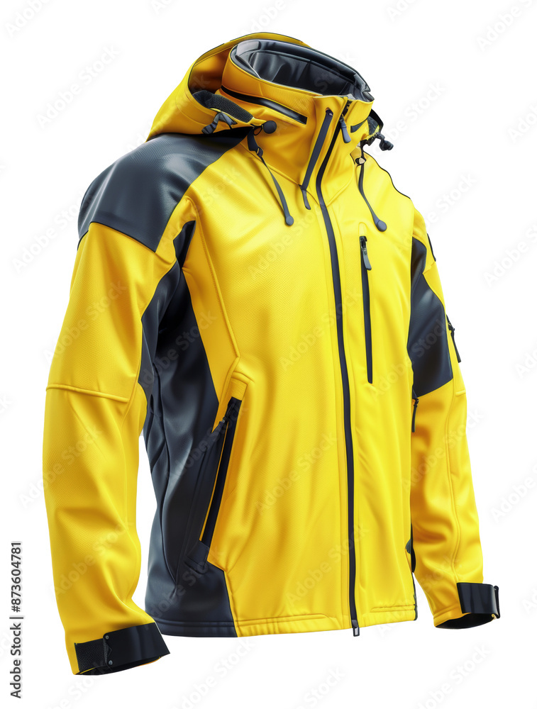 Yellow and gray outdoor jacket with a hood, designed for weather protection Yellow and gray outdoor jacket with a hood, designed for weather protection