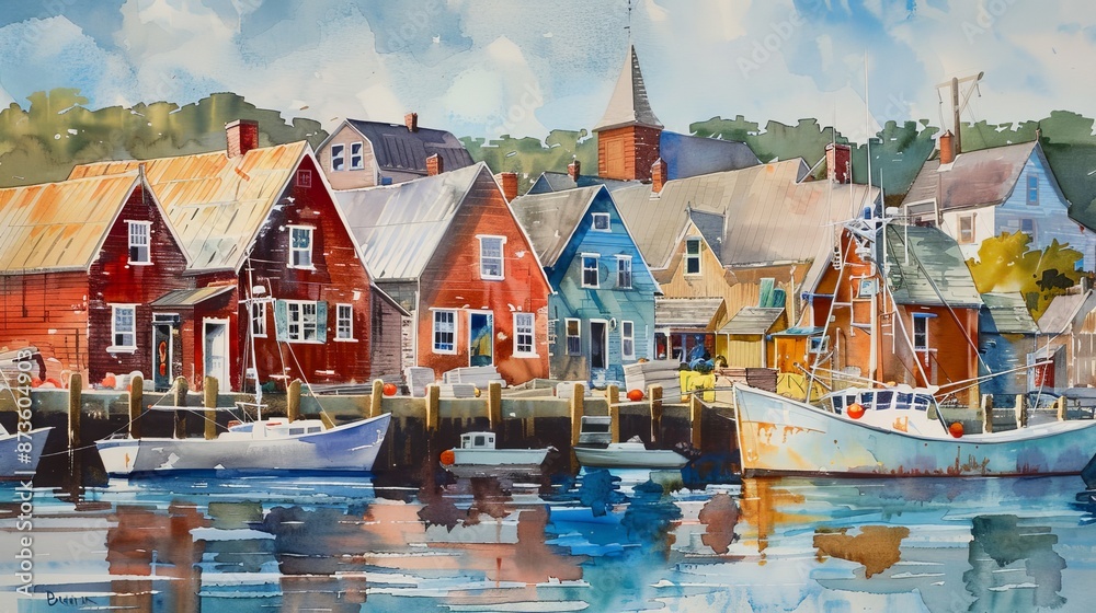 Fototapeta premium Paint a lively coastal town, with charming houses, fishing boats, and a bustling harbor all brought to life with vibrant watercolor washes.