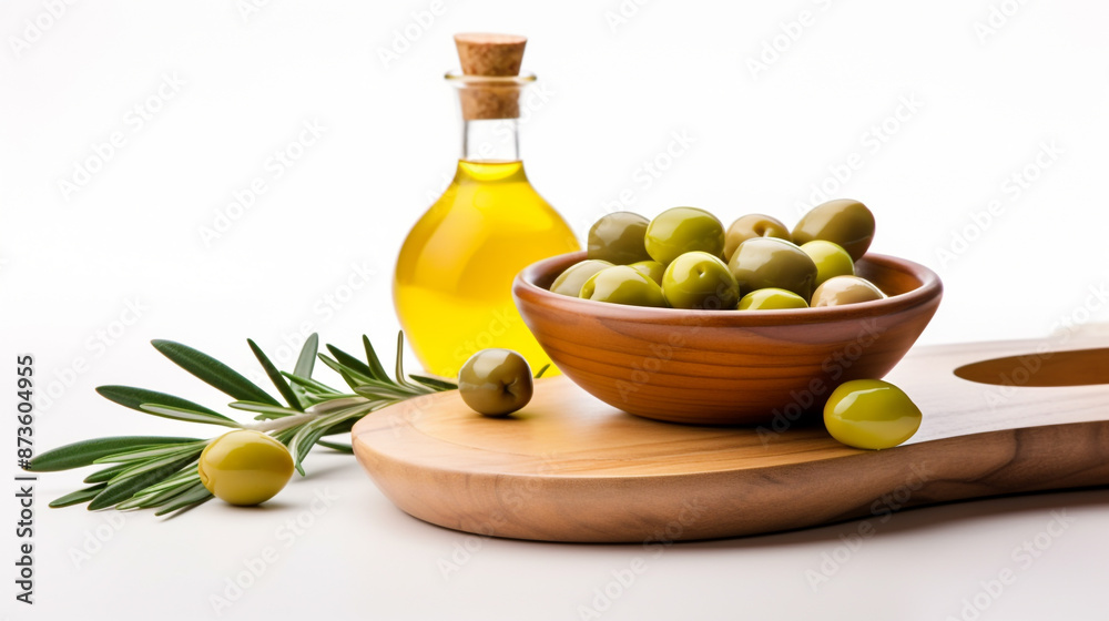 Olive oil in a wooden bowl on a white background with olives and leaves Olive oil in a wooden bowl on a white background with olives and leaves