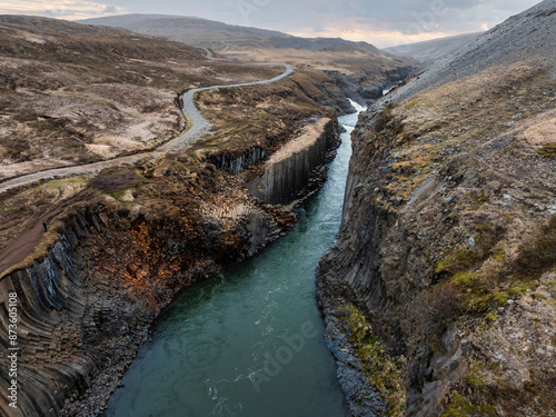 Aerial view of the Studlagil Canyon in Iceland with a beautiful view of Jokulsa A Bru river. photo