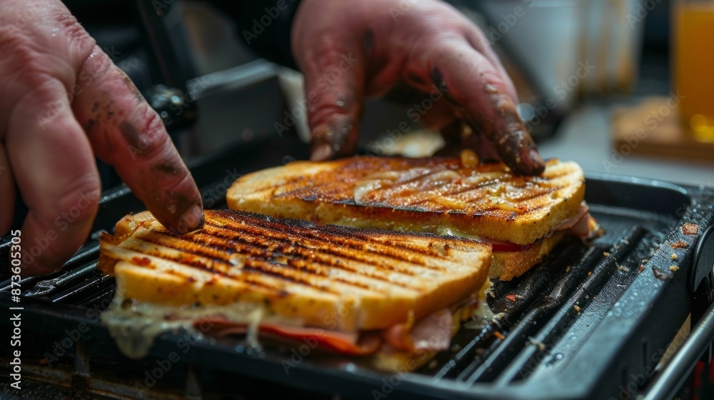 A hand reaches out towards the panini press handle ready to lift it and check on the progress of a melting cheese and ham sandwich inside. A hand reaches out towards the panini press handle ready to lift it and check on the progress of a melting cheese and ham sandwich inside.