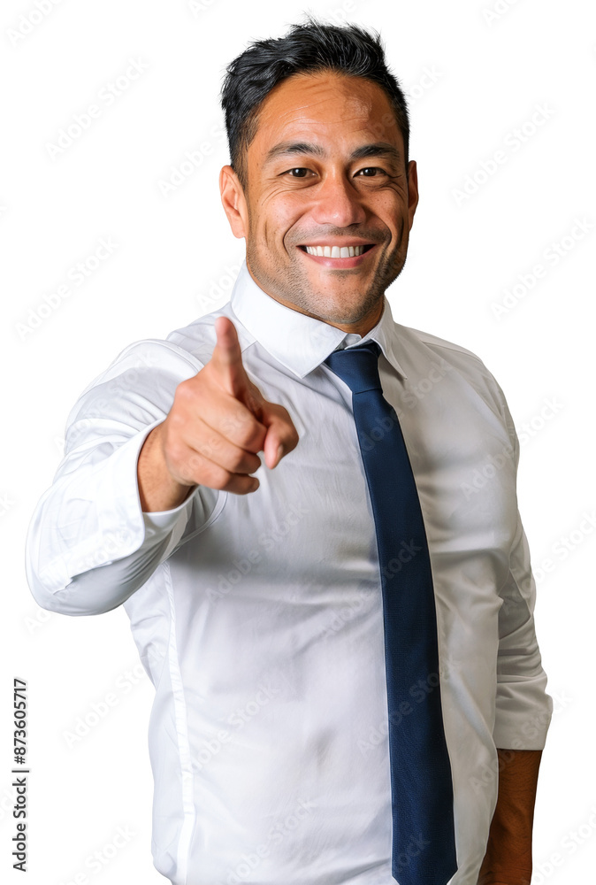 Middle-aged Pacific Islander businessman in a white shirt and tie, smiling confidently while pointing forward Middle-aged Pacific Islander businessman in a white shirt and tie, smiling confidently while pointing forward